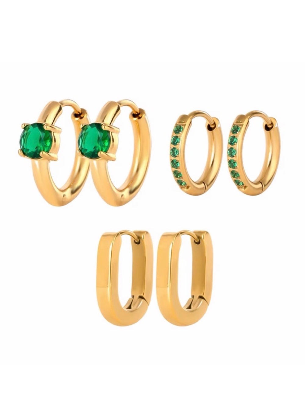 3 Pairs | 18K Gold Plated Green Hoop Earrings Set